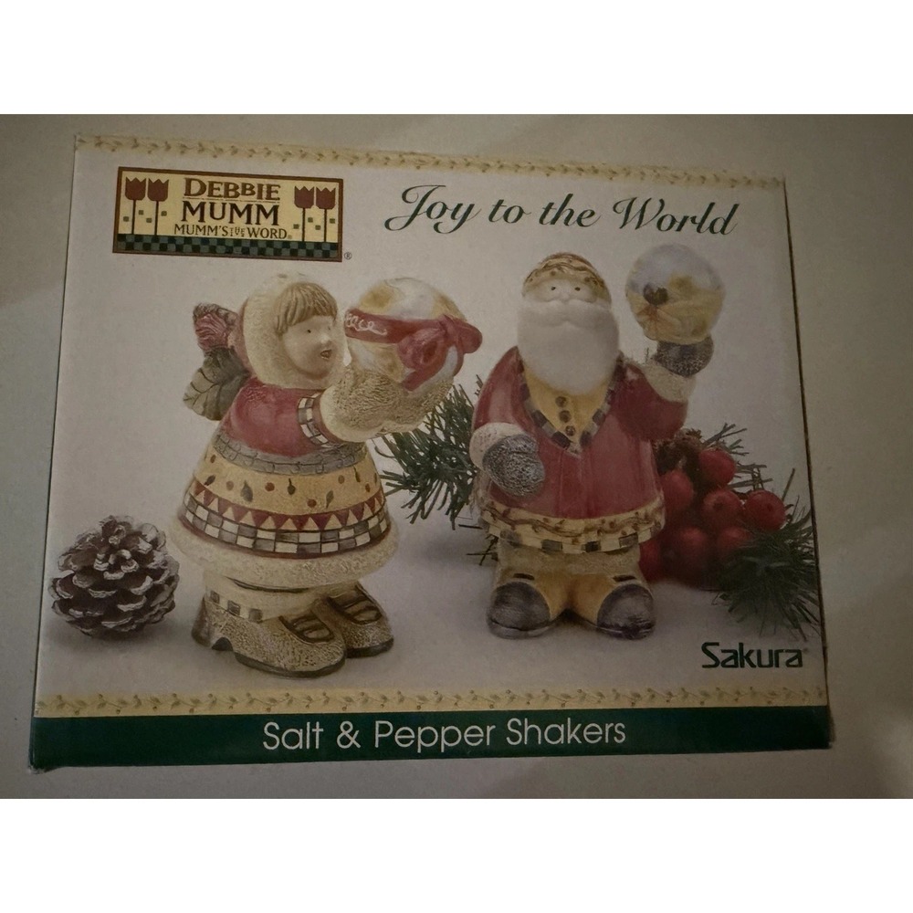 Sakura Debbie Mumm Joy to the World Salt & Pepper Ceramic Shaker Set NIB SL935/1